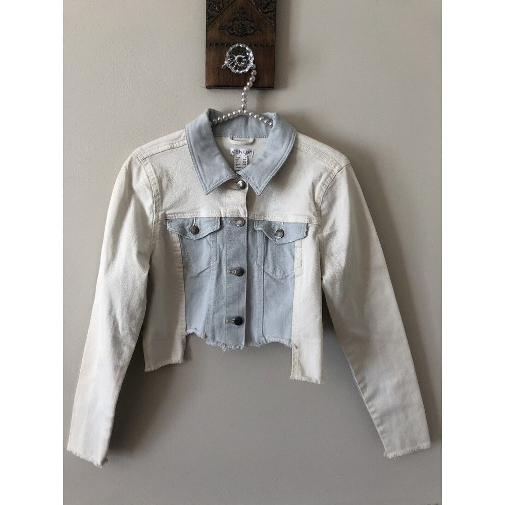 Venus Womens Size M Crop Denim Jacket Cream Blue Colorblock Raw Edge